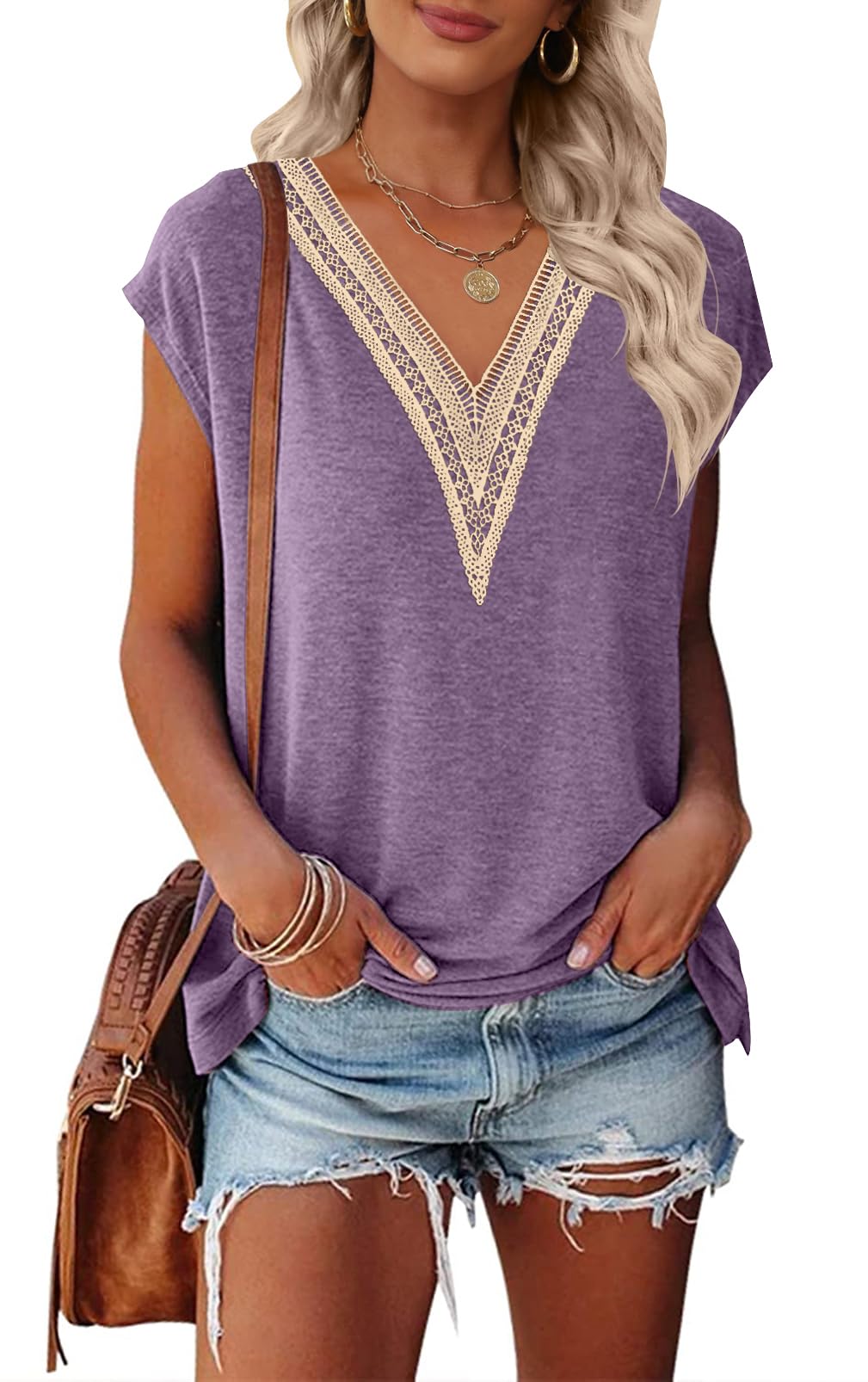 MEROKEETY Women's Casual Cap Sleeve Lace Trim V Neck Tops 2025 Summer Loose Tee Shirts Blouse