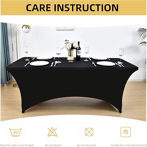 Miniatura 6 de Paquete de 2 Cubiertas de Mesa de Spandex Negro de 6 pies para Mesas Plegables Rectangulares Estándar - Manteles Elásticos Resistentes a las Arrugas