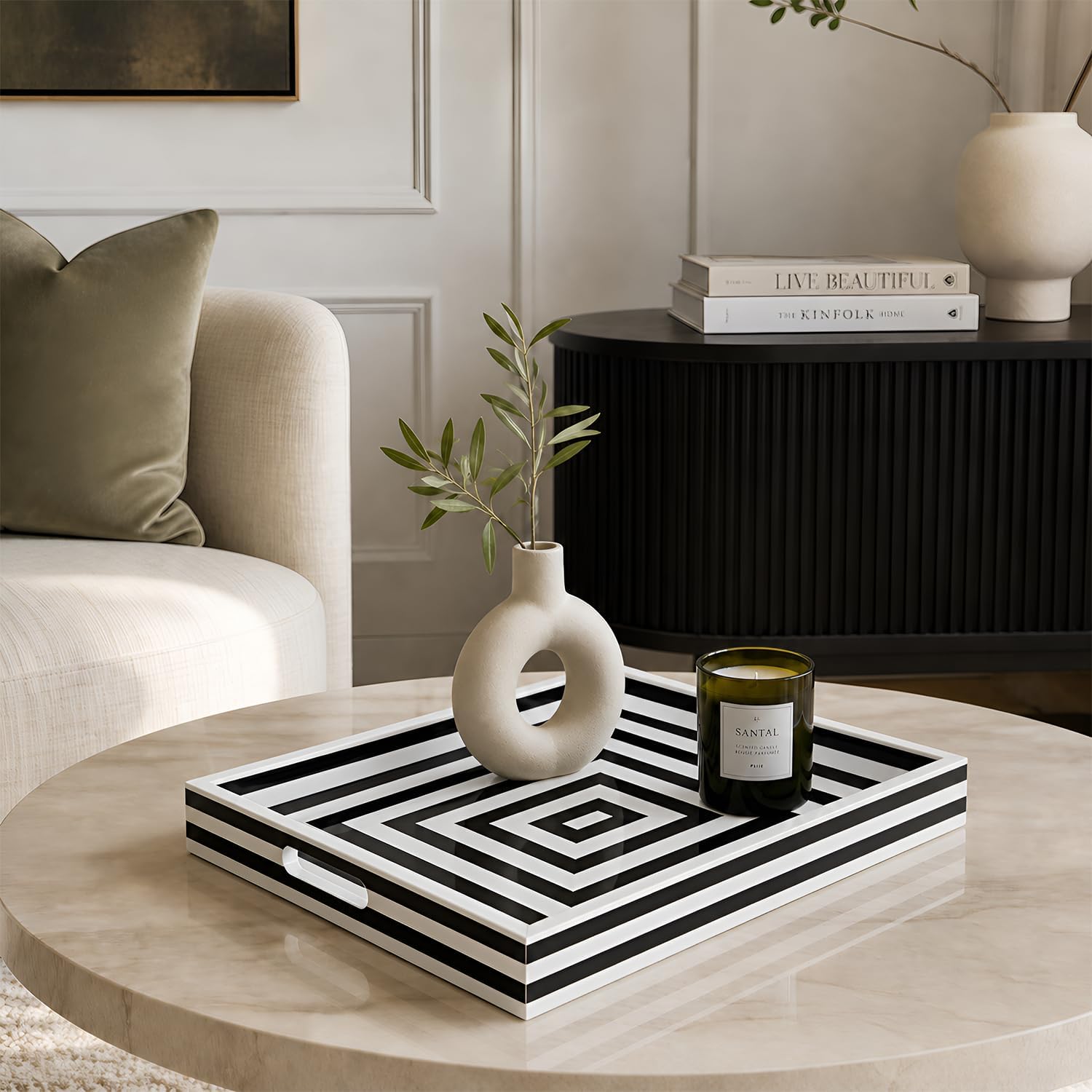 Handicrafts Home Resin Inlay Concentric Black Decorative Ottoman Tray,12x12
