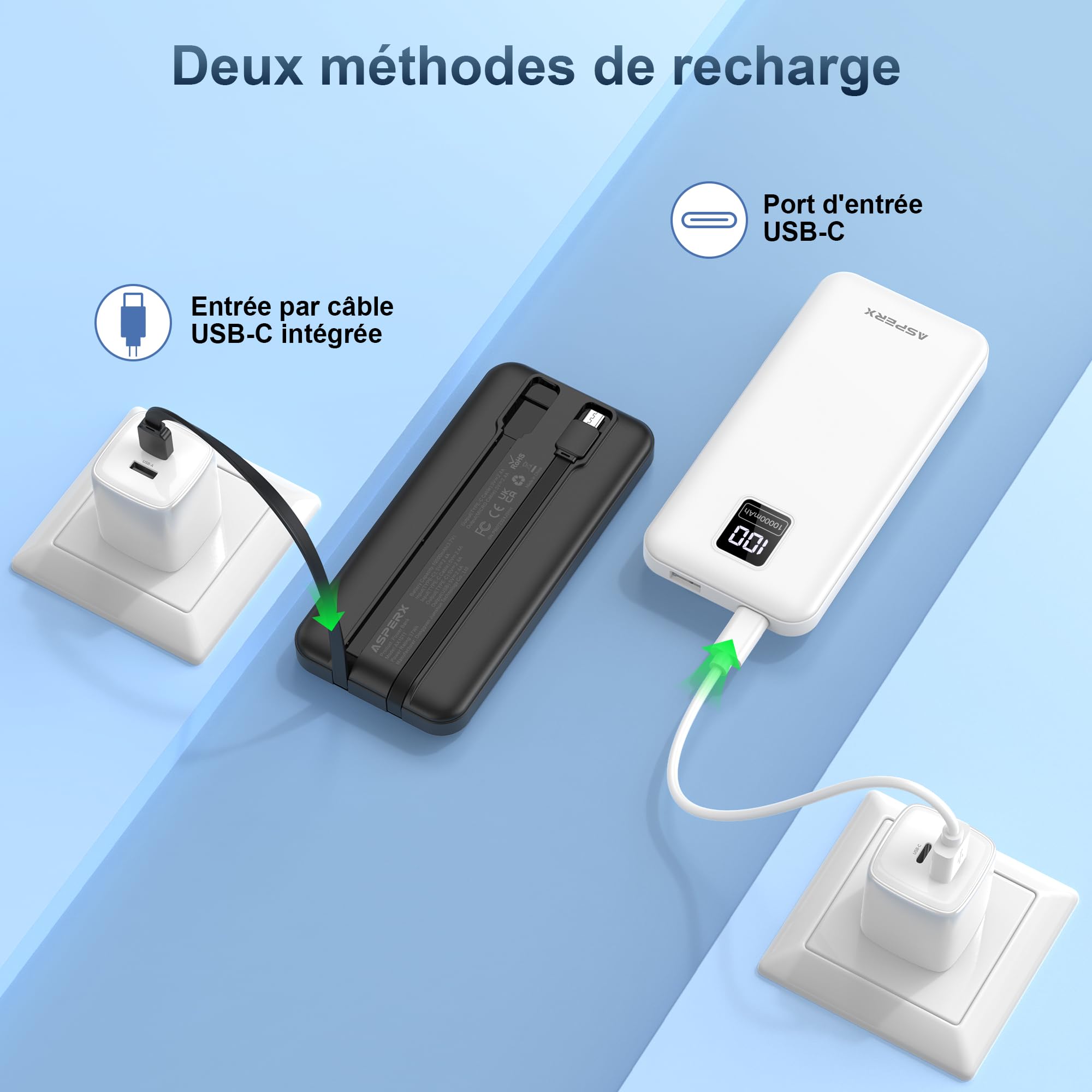 AsperX 2 baterías externas USB C de entrada y salida, con cables integrados
