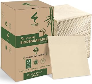 Weemium Compostable Napkins 300 Pack, 2-Ply FSC Certified Biodegradable Recycled Paper Napkins, 5x5 Inch Folded, Eco-Friendly Absorbent for Meals