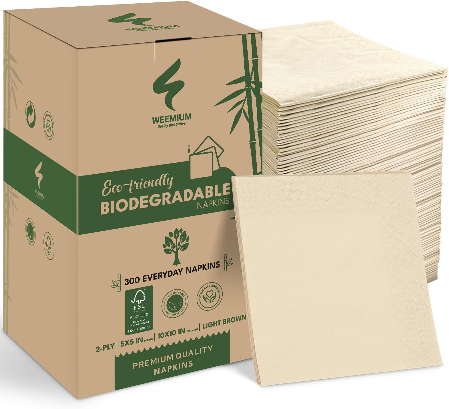 Weemium 300-Pack 2-Ply Compostable Napkins - 5x5 Inch Folded Post Consumer Recycled Napkins - Eco friendly, Disposable Biodegradable Napkins for Dining & Events - Highly Absorbent Brown Napkins