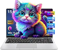 Laptop de 15,6 polegadas, processador N4000 para jogos, laptop com SSD LPDDR4 de 12 GB de 256 GB, laptops tradicionais prateados para trabalho e estudo, ângulo aberto de 180°, Wi-Fi de banda dupla