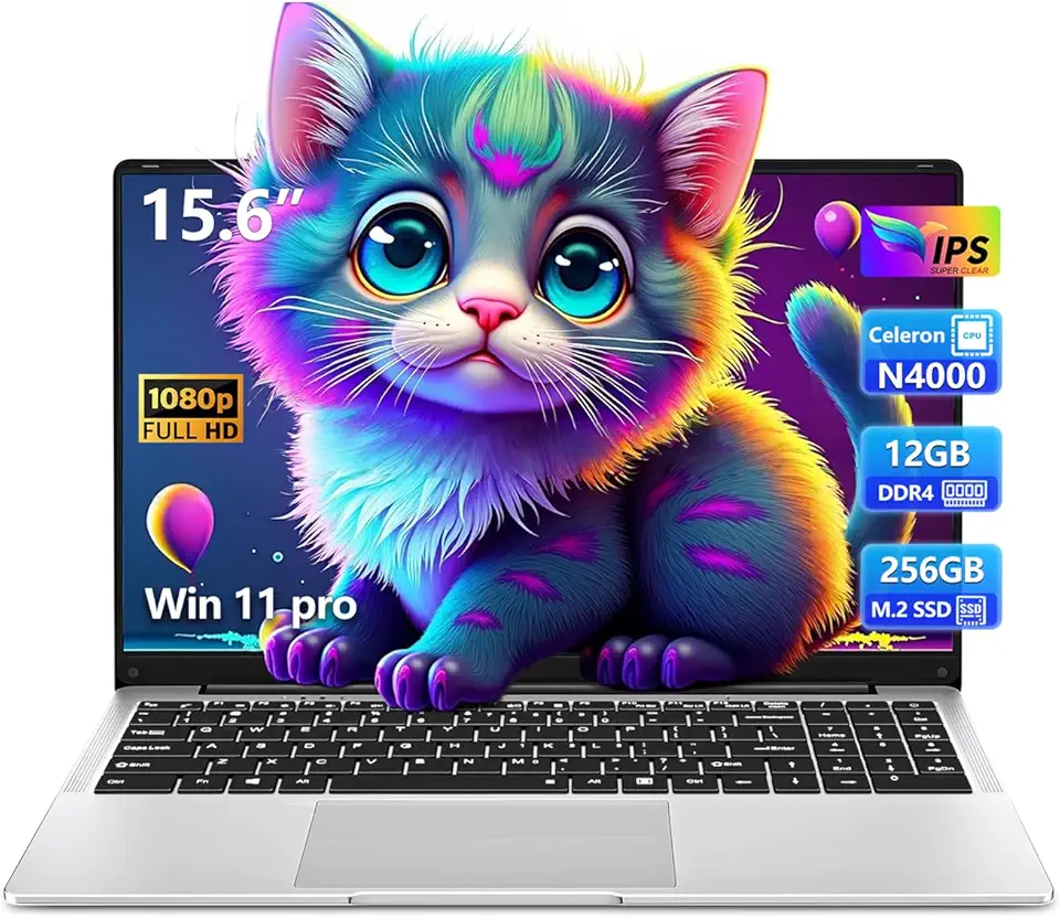 Laptop de 15,6 polegadas, processador N4000 para jogos, laptop com SSD LPDDR4 de 12 GB de 256 GB, laptops tradicionais prateados para trabalho e estudo, ângulo aberto de 180°, Wi-Fi de banda dupla