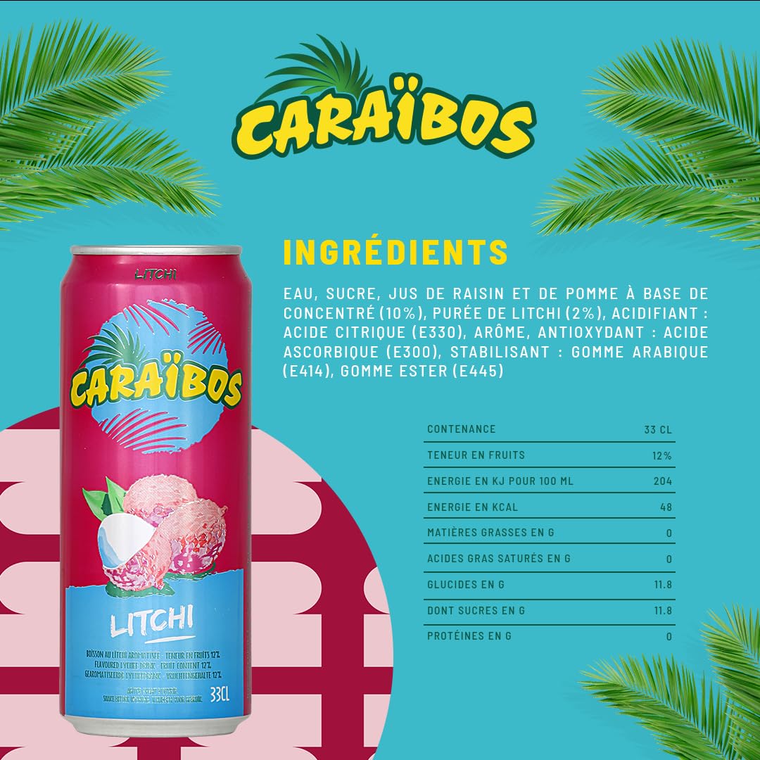 Caraïbos Boisson Saveur Litchi, Canette 33cl, Lot de 24