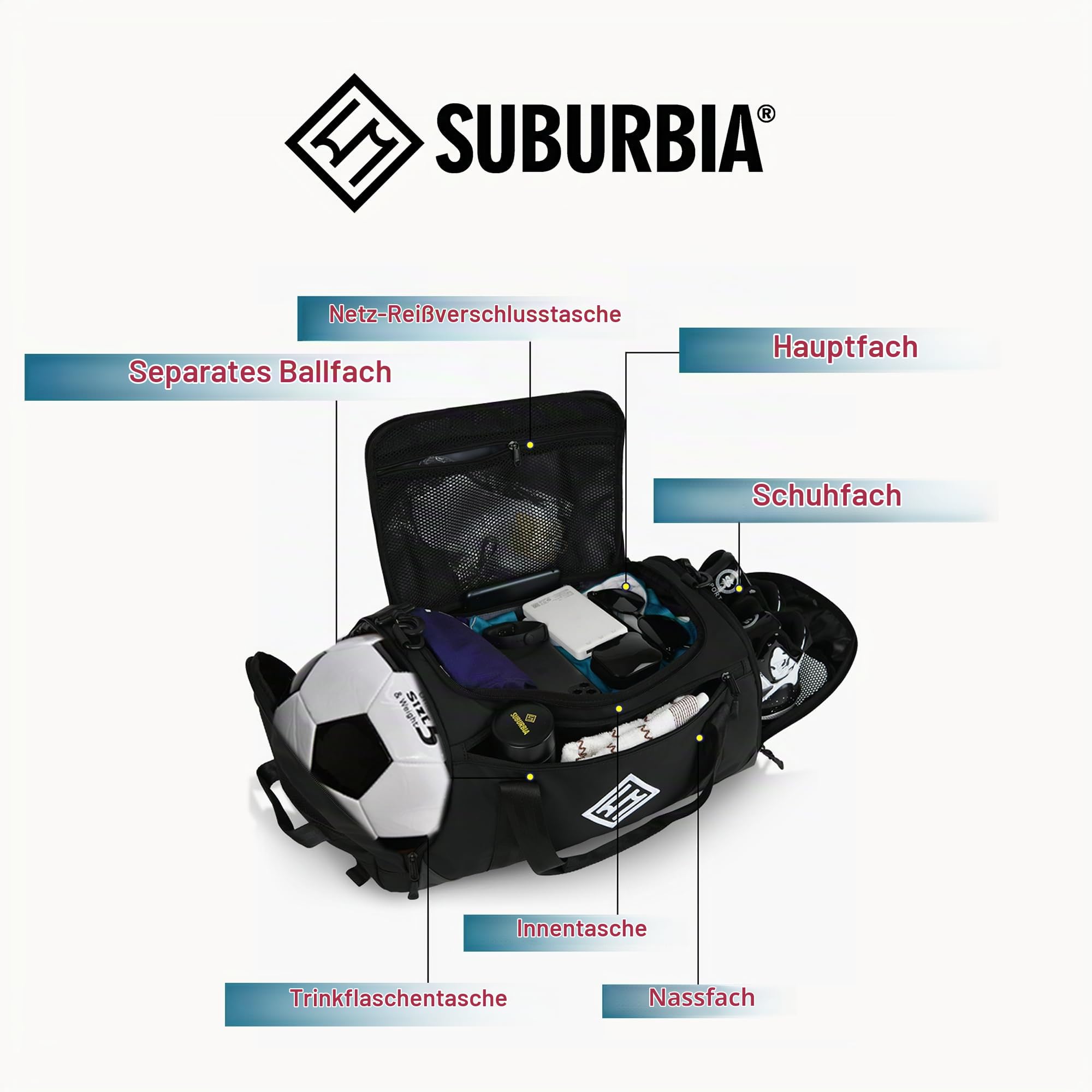 Sporttasche für Herren Damen - Sportrucksack mit Schuhfach, 47L Reisetasche Duffel Bag, Groß Trainingstasche mit Wasserdicht Nassfach für Fußball, Basketball, Fitness, Gym, Schwimmen, Yoga - Schwarz