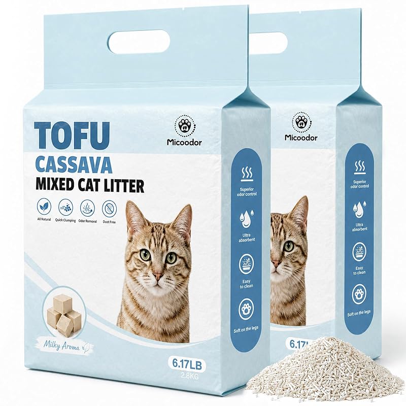 Areia para Gatos de Tofu e Mandioca com Torrões Firmes e Baixa Poeira Micoodor — Pacote com 2, 5,58 kg