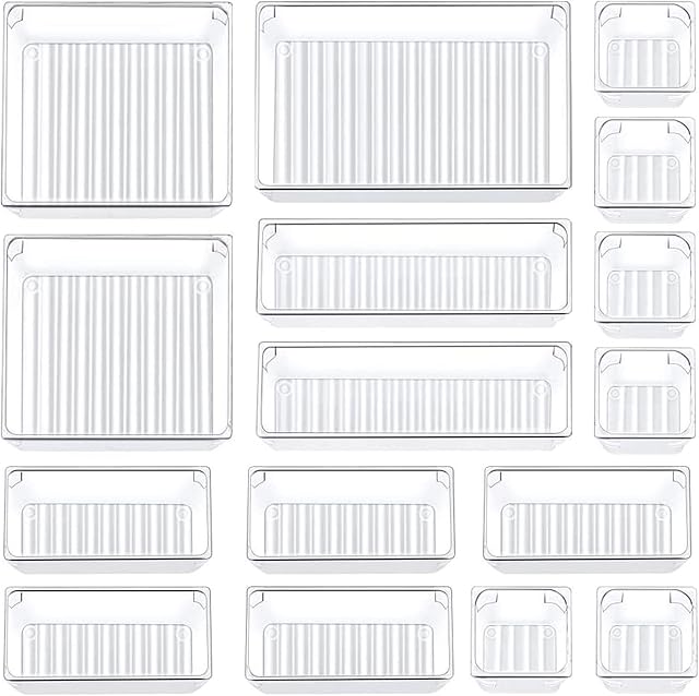 16 Pack Desk Drawer Organizer Trays, Yibaodan Drawer Dividers 4-Size Clear Storage Boxes Divider Make-up Organiser for Home Office Kitchen Makeup