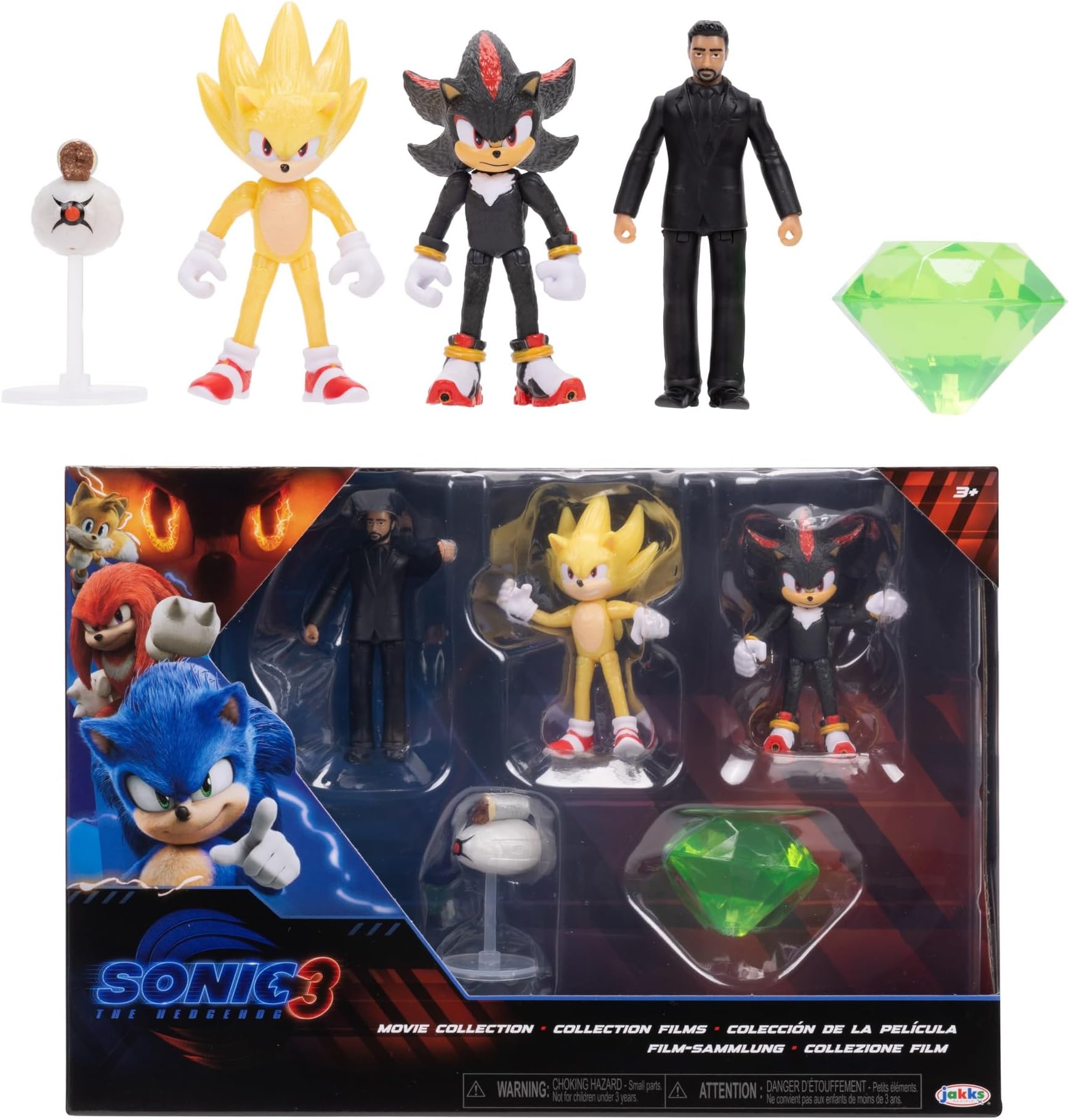 Sonic 3 Movie Multi-Pack 2.5" / 6cm Action Figures by Jakks Pacific, Official SEGA License, Wave 2 Pack Features Super Sonic, Shadow, & Agent Stone, Suggested for Ages 3+