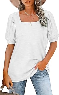 Womens Square Neck Tops Trendy 2025 Short Puff Sleeve T Shirts Summer Casual Tunic Cute Tops S-2XL