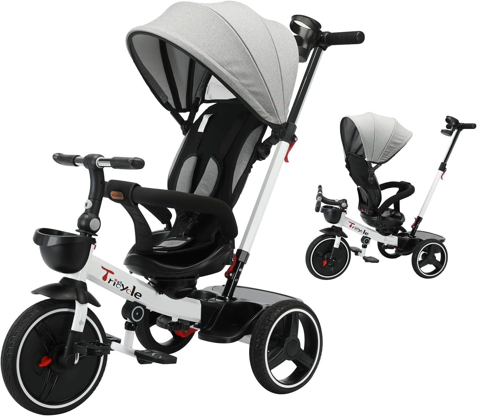 UBRAVOO Baby Tricycle,6-in-1 Baby Push Bike Steer Stroller,Learning Toddler Bike/Detachable Guardrail,Adjustable Canopy,Safety Harness,Folding Pedal,Storage Basket,Brake,Shock Absorption