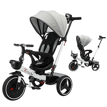 UBRAVOO Baby Tricycle,6-in-1 Baby Push Bike Steer Stroller,Learning Toddler Bike/Detachable Guardrail,Adjustable Canopy,Safety Harness,Folding Pedal,Storage Basket,Brake,Shock Absorption