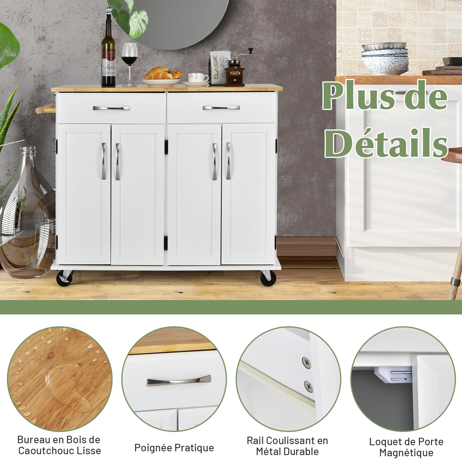 COSTWAY Desserte de Cuisine sur roulettes avec Comptoir en Bois D'hévéa, Chariot de Service à 4 Portes avec Étagères Réglables, 2 Grands Tiroirs, Porte-Serviettes, 48 x 122 x 93 cm, Blanc