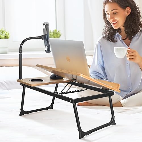 Miniatura 5 de wishacc - Escritorio para laptop en cama, mesa de escritorio ajustable de bambú con cuello de cisne para tablet para laptop, tableta, teléfono,