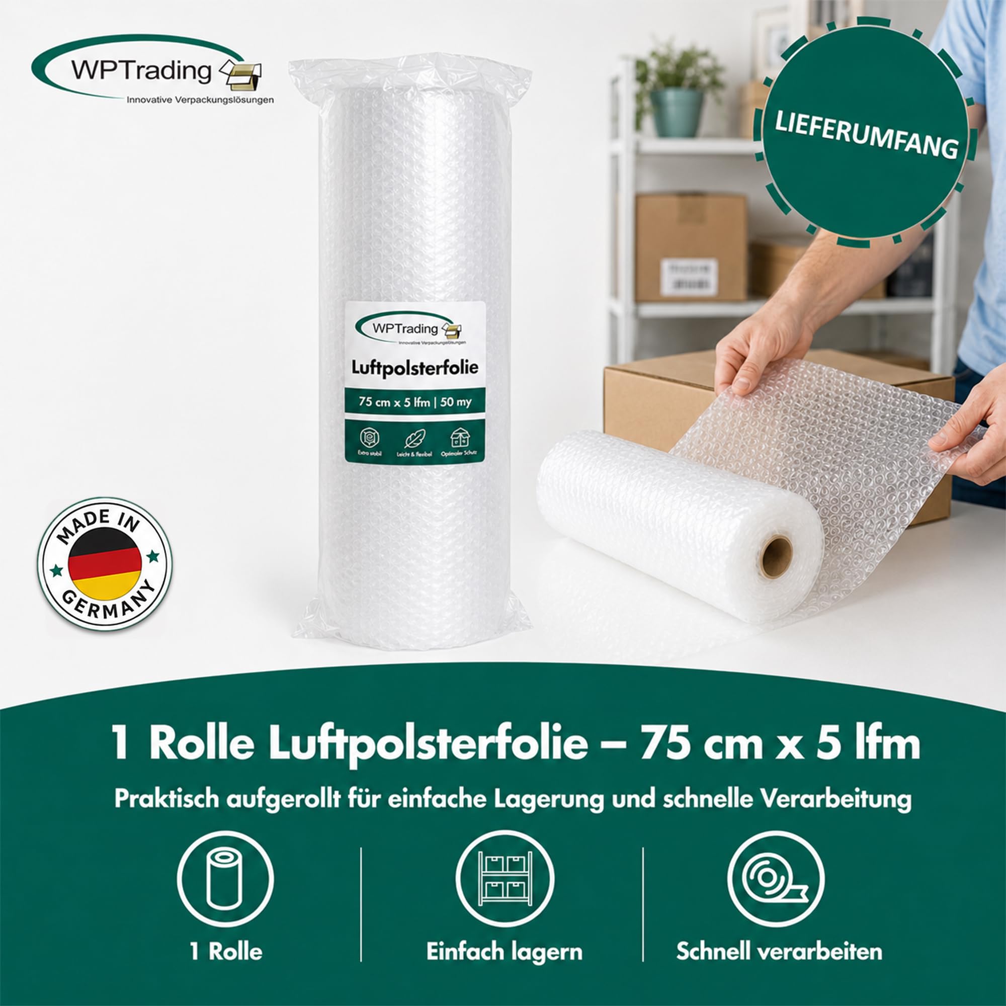 9 x Rolle Luftpolsterfolie 75 cm x 5 m (2-lagige mit 50 my) - Noppenfolie 75cm breit mit Noppenhöhe 5 mm - Stoßdämpfende Verpackungsfolie reißfest & transparent für Versand & Umzug