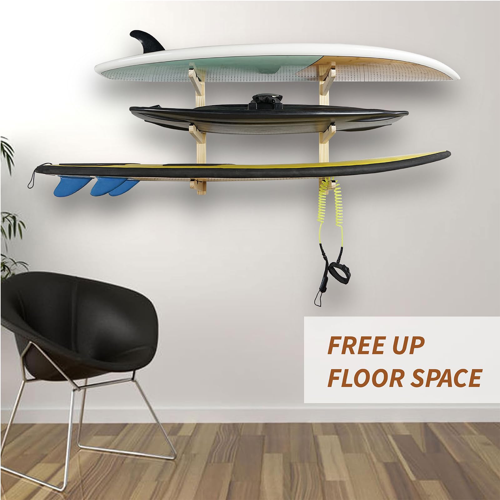 LINGVUM Surfboard Wall Mount Surfboard Rack for Wall Surfboard Storage Racks for Longboards Shortboards Wakeboard Kiteboard and Snowboards, 3 Boards Display Works Indoor and Outdoor