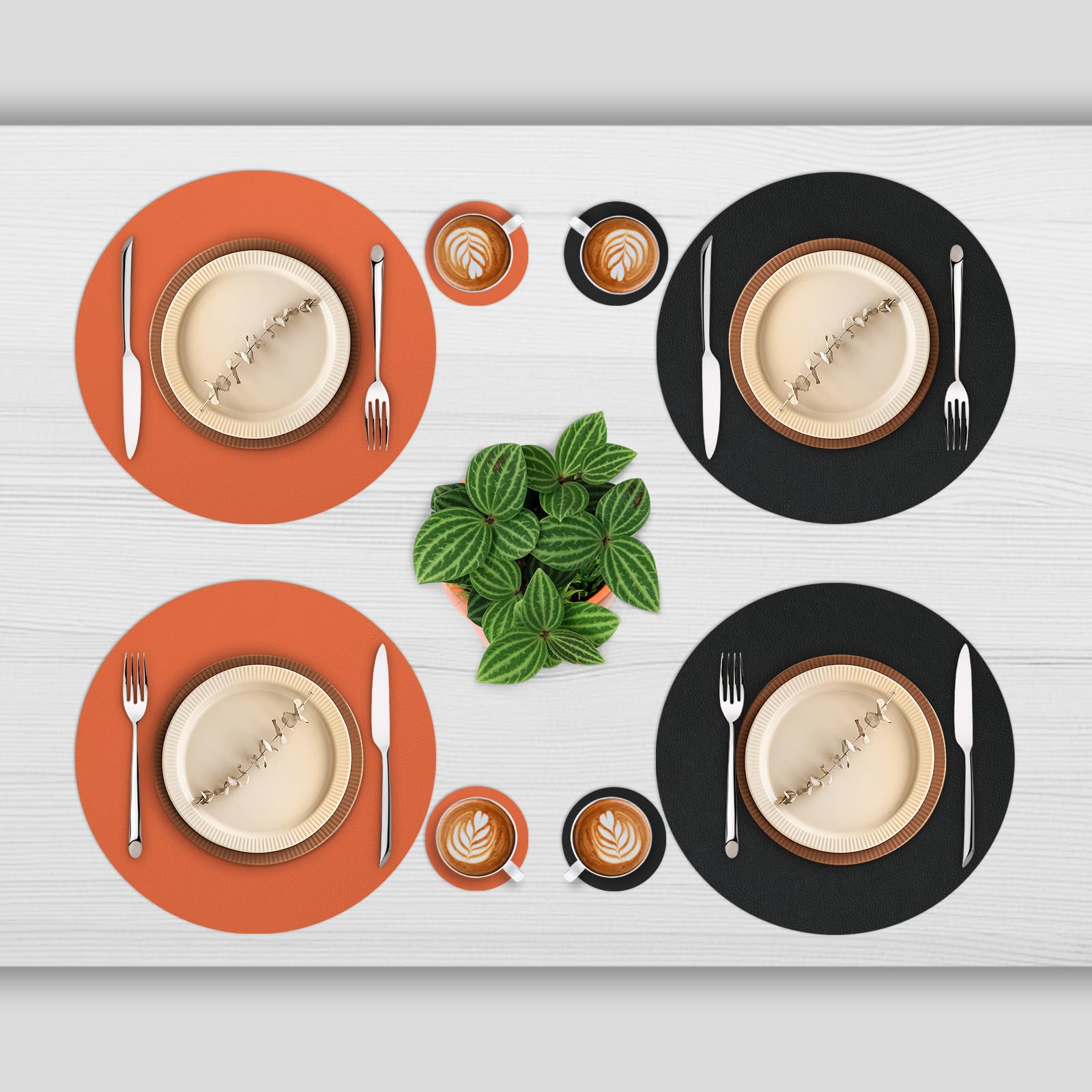 Myir JUN Round Table Placemats Set of 4 Faux Leather Place Mats and Coasters 15 inch Round Dual Sided Placemats Non-Slip Wipe Clean Stain Resistant (Black Orange,Set of 4) - Image 2