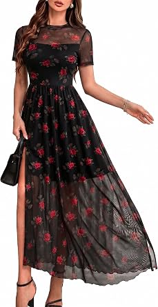 GothDark Womens Floral Mesh Short Sleeve Wedding Guest Maxi Dress