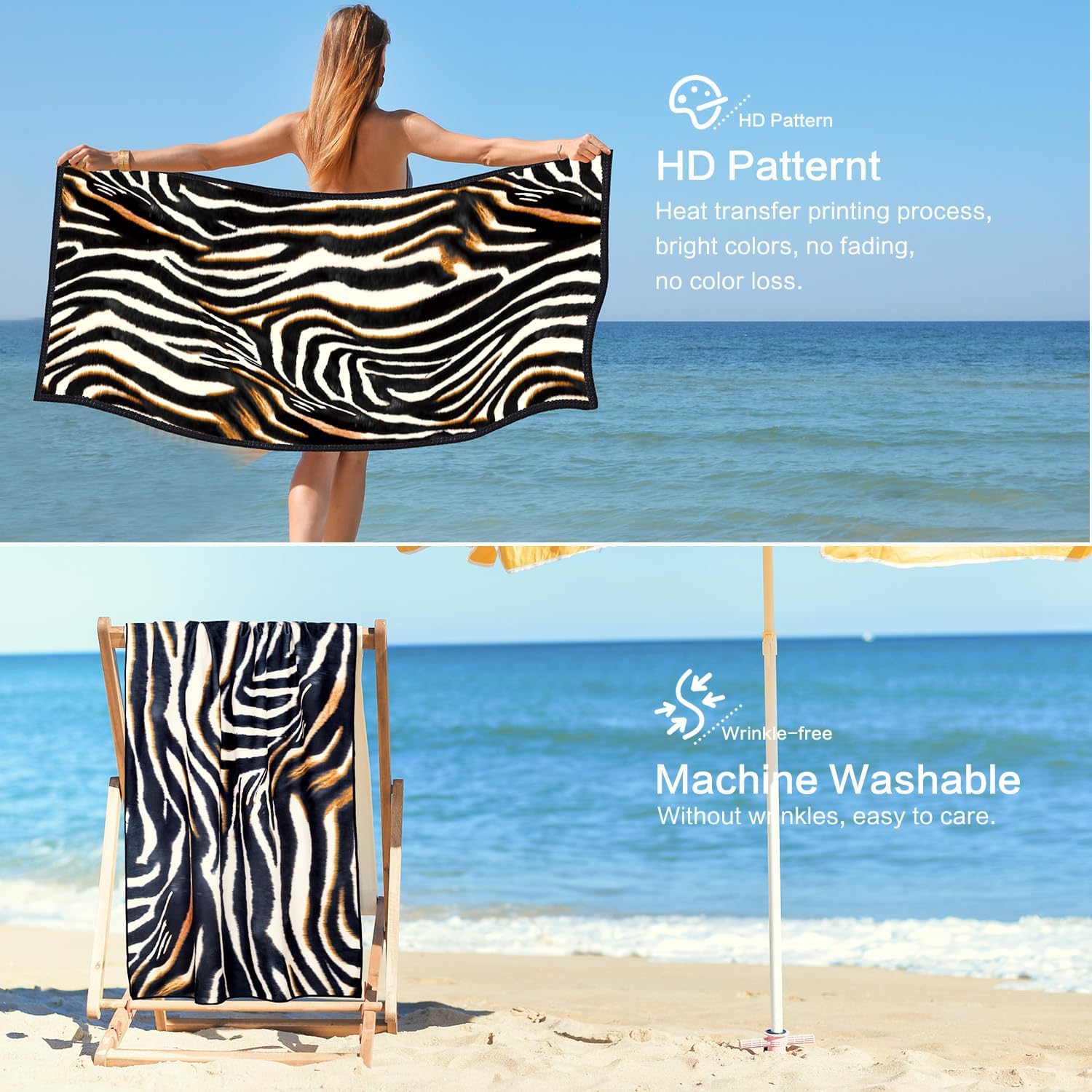 Vimorco Leopard Beach Towel, Zebra Beach Towel, Cotton Blend Soft Velour Camping Towel for Women Girls Kids,Absorbent Pool,Bath,Swim,Yoga,Spa,Gym,Hiking,Travel Vacation Towel, 30 x 60 Inch - Image 6