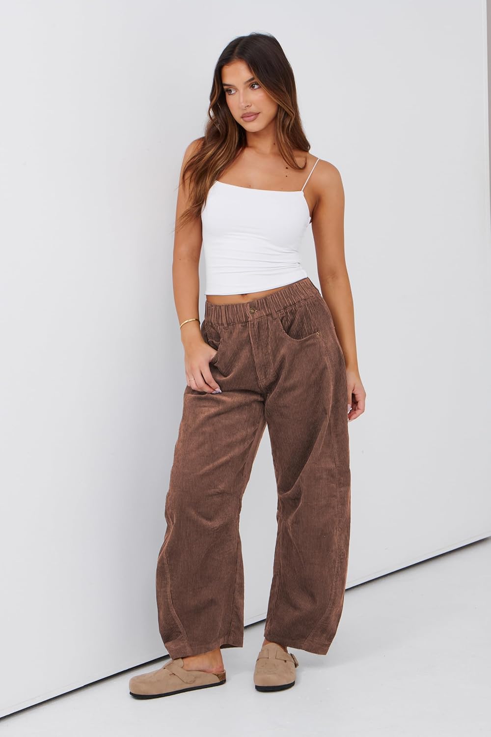 Lviefent Womens Mid Rise Cord Barrel Jeans Casual Baggy Wide Leg Corduroy Cropped Ankle Pants with Pockets - Image 3