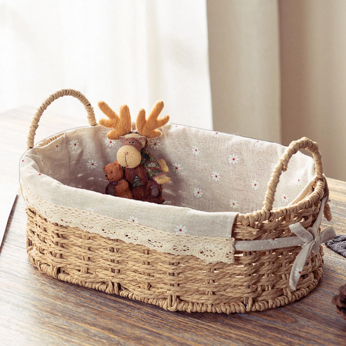 Woven Storage Basket with Carry Handles, Rattan Shelf Organizer