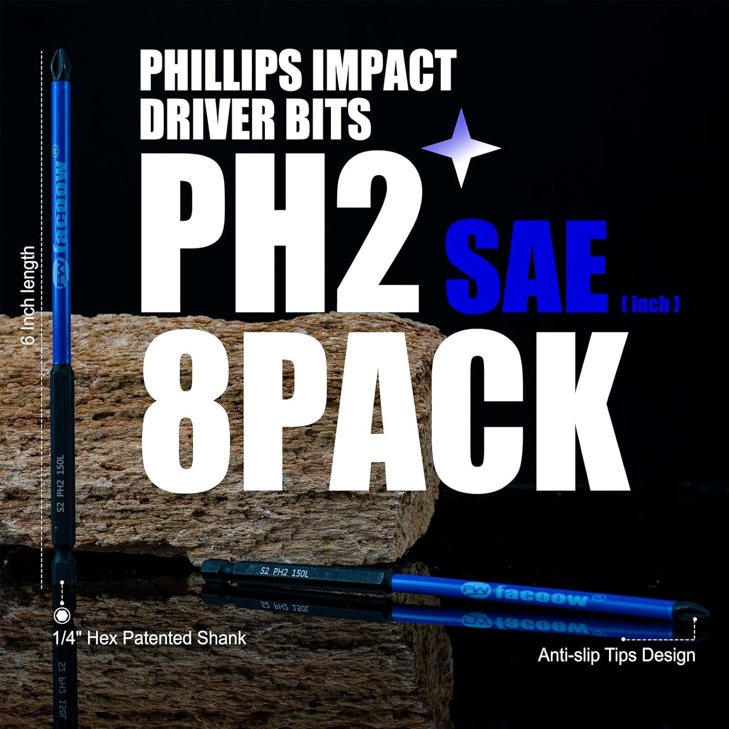 Facoow 8 Pcs Phillips Head Impact Driver Bits, #2 Phillips Head Screwdriver Bits Set, 6" S2 Alloy Steel Impact Bits, 1/4" Hex Shank Screwdriver Drill Bit, CNC Machined ph2 Impact Drill Bits