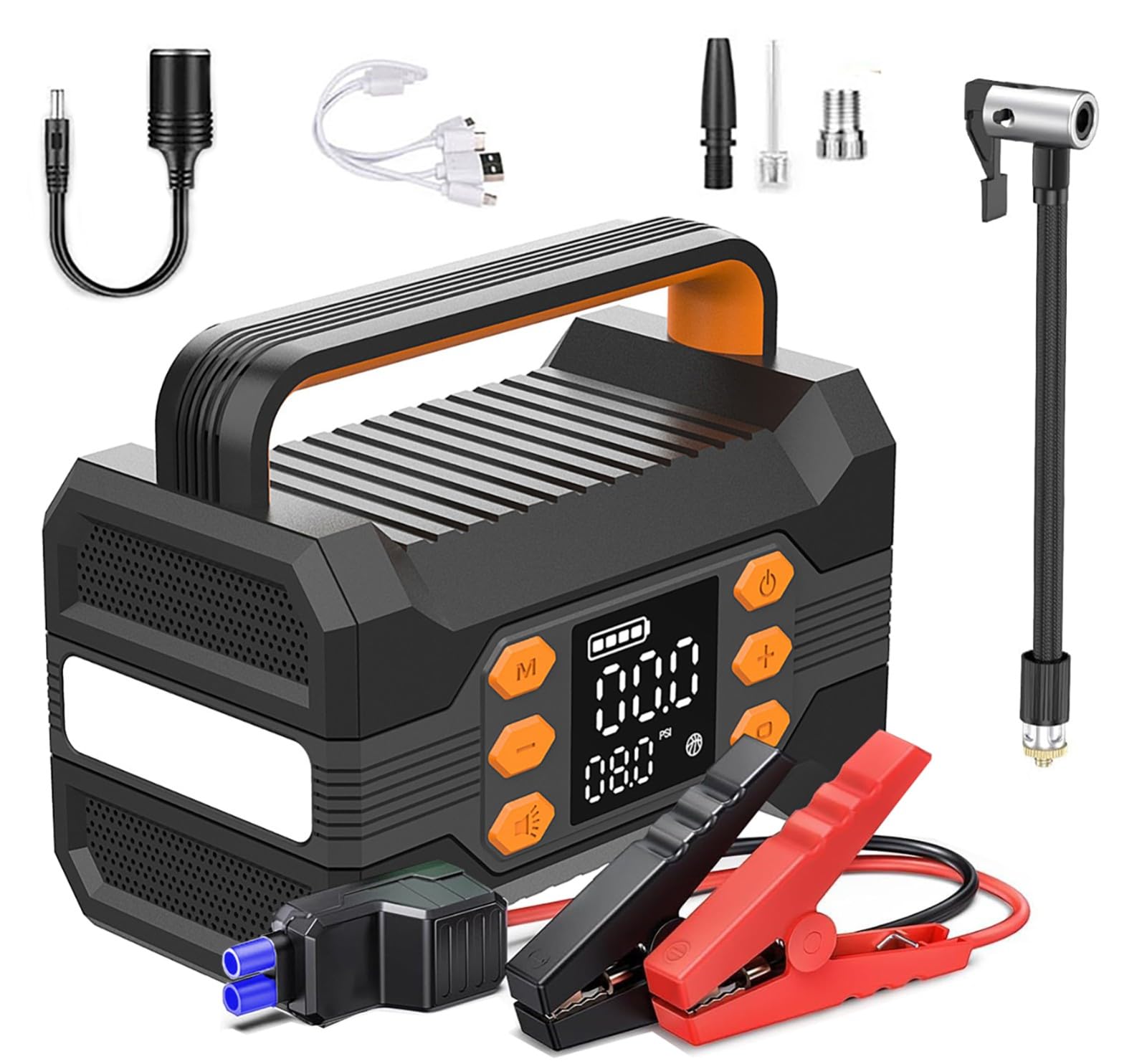 Paquete EnergíA Arranque con Compresor Aire, 150 PSI 10000 mAh 5 en 1 Banco EnergíA Arranque Emergencia AutomóVil (para AutomóVil 12 V 8,0 L Gasolina/7,0 L DiéSel) con Linterna LED(Black)