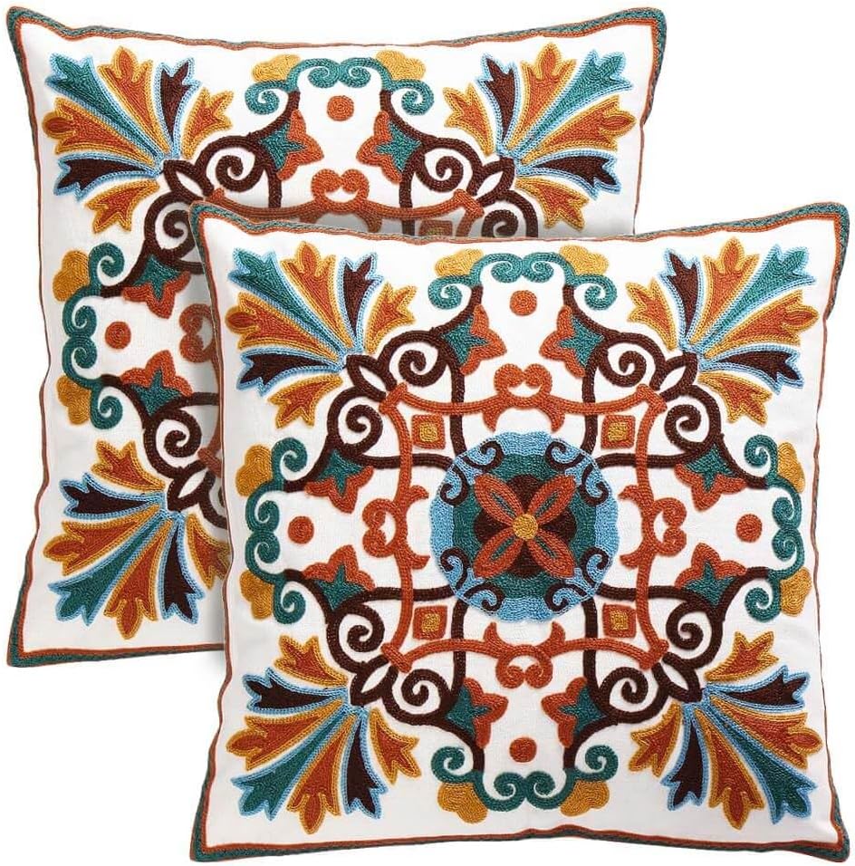 Throw Pillow Covers for Couch 18x18 inches Set of 2 Embroidered Pattern Decorative Pillows Case Cover for Living Room Sofa Bed Chair