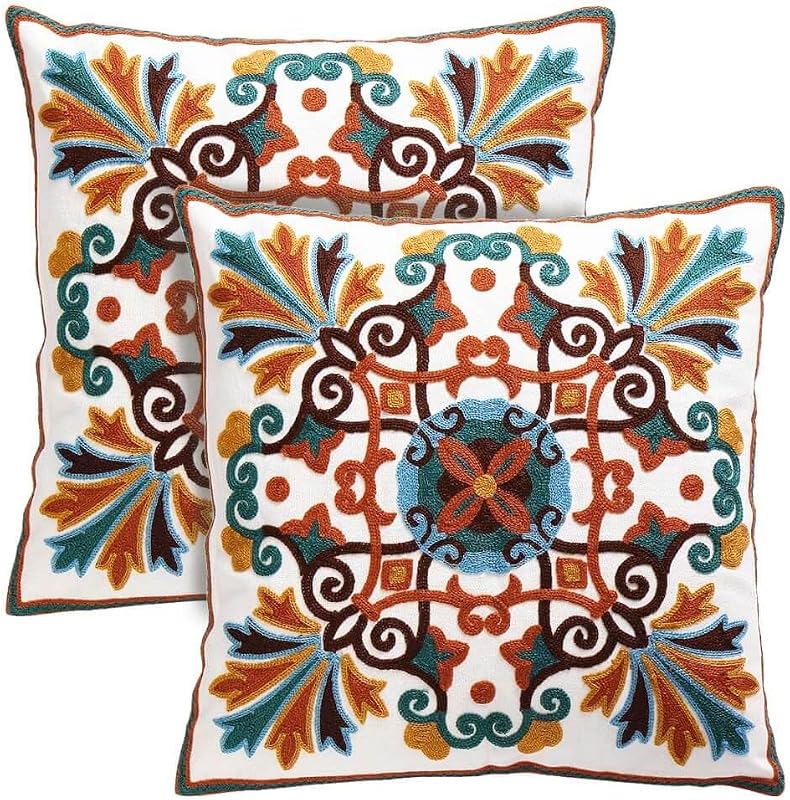 Throw Pillows Cover for Couch 18x18 inches Set of 2 Embroidered Pattern Decorative Pillow Case Covers for Living Room Sofa Bed Chair