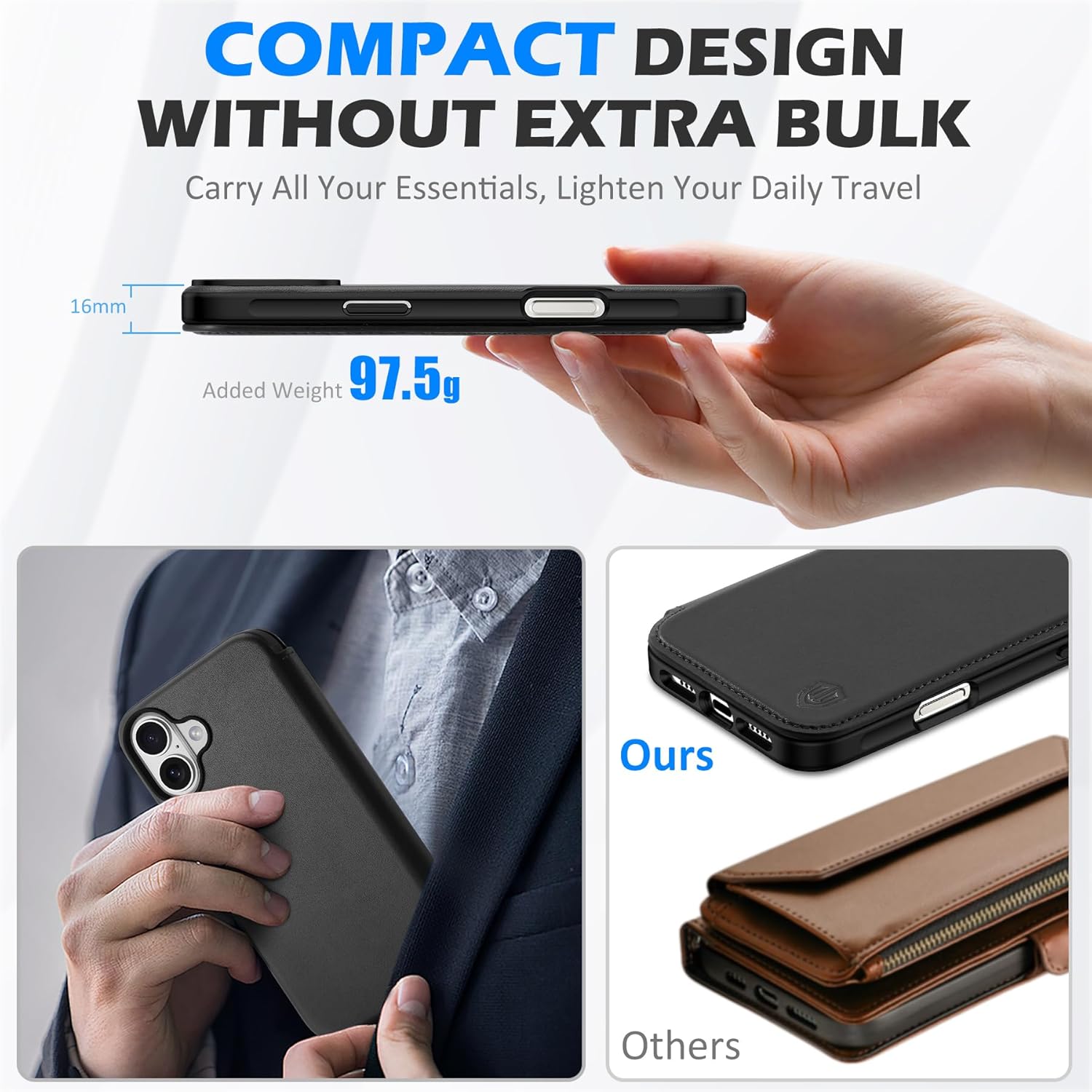 SHIELDON Case for iPhone 16 6.1", Genuine Leather Wallet Slim Magnetic Wireless Charging Folio RFID Blocking Credit Card Holder Full Protection Cover Compatible with iPhone 16 5G 2024 - Black