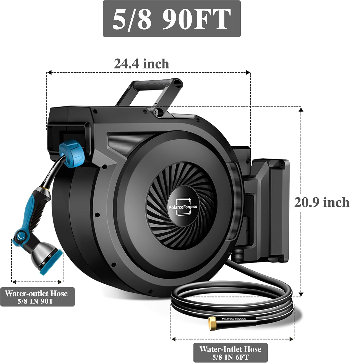 Retractable Garden Hose Reel - 5/8 inch x 90 ft Wall Mounted Hose Reel 10 Patterns Nozzle, Auto-Rewind System, Any Length Lock, 180°Swivel Bracket, Black
