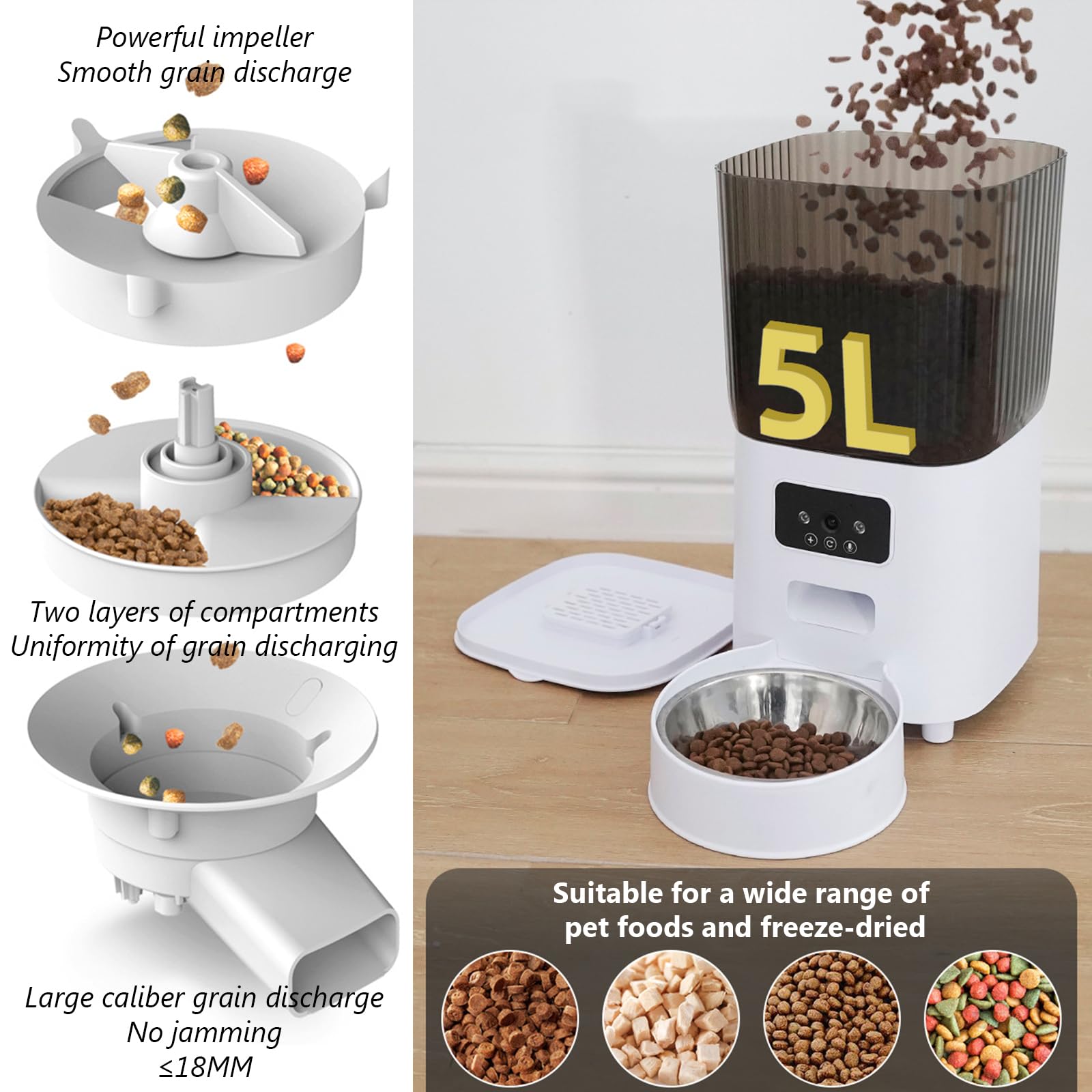 Distributore Automatico Cibo Gatti con App, 2.4G WiFi Dispenser Crocchette Gatto Fino A 5 Pasti/9 Porzioni al Giorno, Ciotole per Gatti in Acciaio Inox, 5L Dispenser Cibo Gatti,Dual