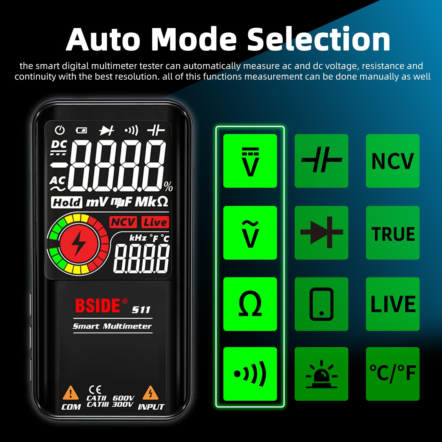 Kit Multimetro Intelligente e Tester di Tensione Senza Contatto BSIDE S11+X1 Multimetro Automatico Ricaricabile e Penna Rivelatore di Tensione Set di Tester Elettricista