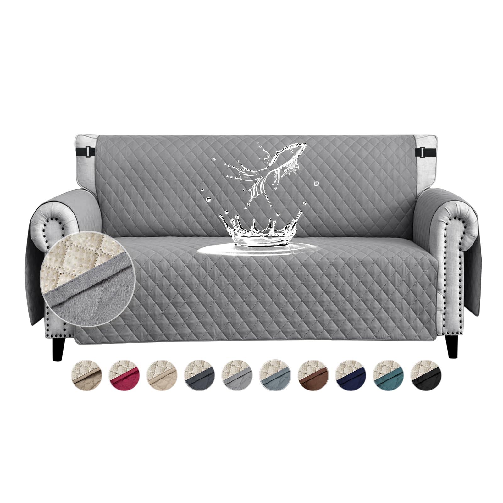FIGOOO Copridivano Impermeabile 2 Posti Addensare Copridivano Trapuntato Reversibile con Tasche Laterali Antimacchia Antigraffio Cani Gatti Moderno Salvadivano,Grigio Pallido