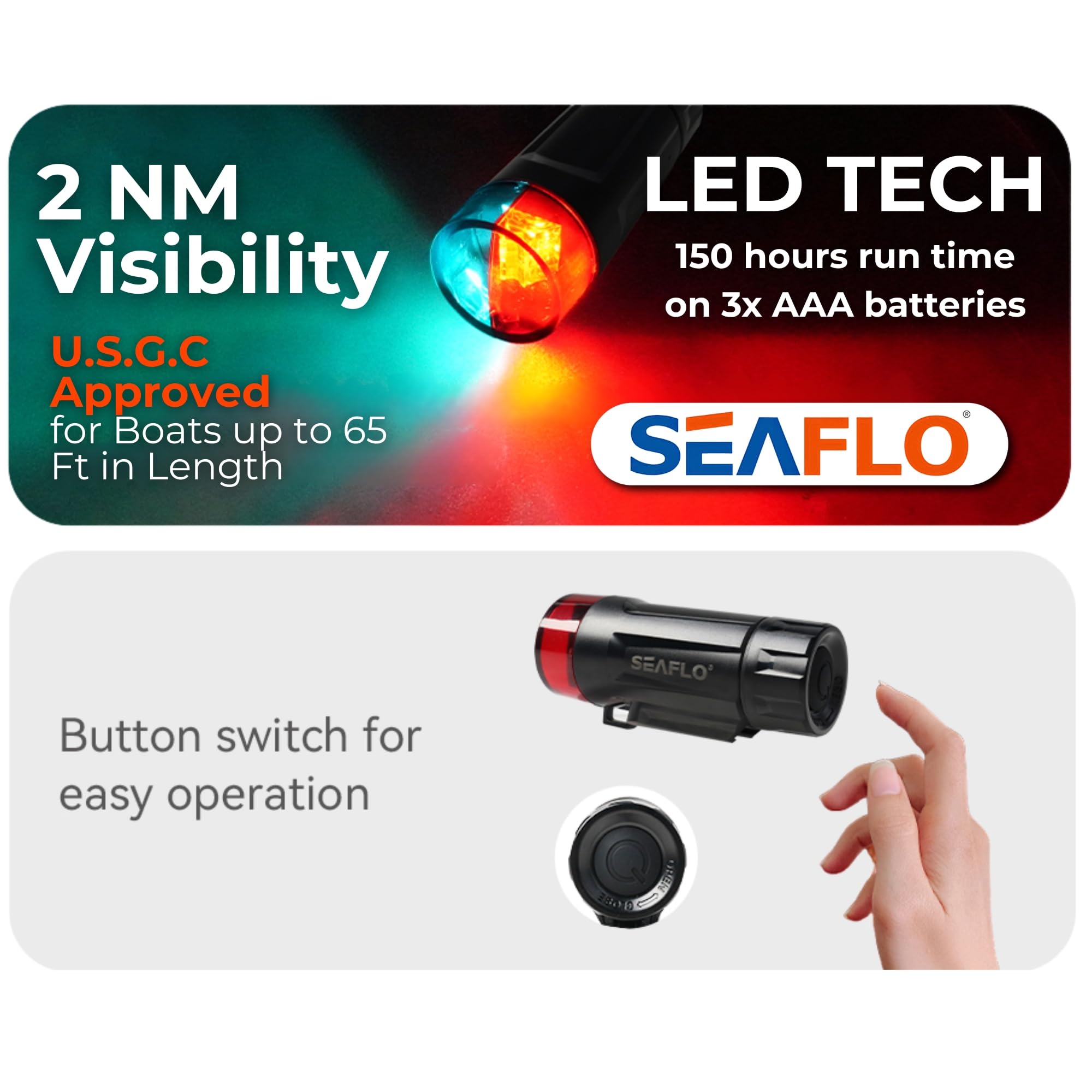 SEAFLO Kit di luci di navigazione portatili a LED serie 01 - Alimentazione a batteria (3 AAA), visibilità 2 NM, telescopico, impermeabile IP65, prua e poppa bicolore per pontone e piccole imbarcazioni