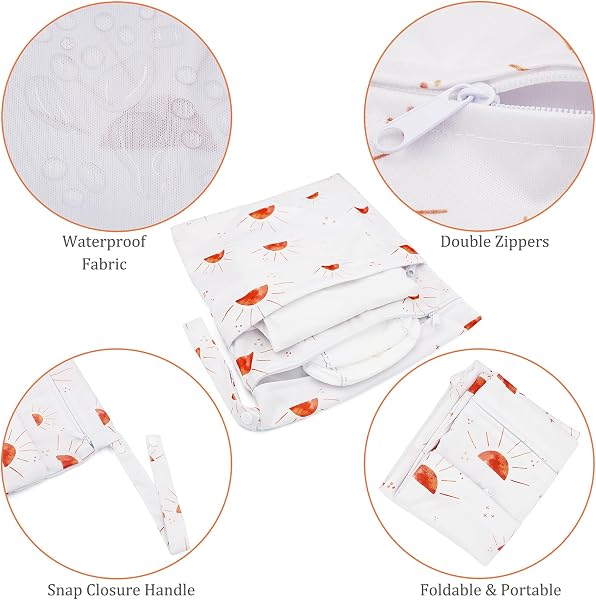 Wet Bag, 2 PCS Wet Dry Bags for Cloth Diapers Nappy Daycare Organiser Storage Bags, Waterproof Washable Reusable Zipper Bag (White Sun) - 3