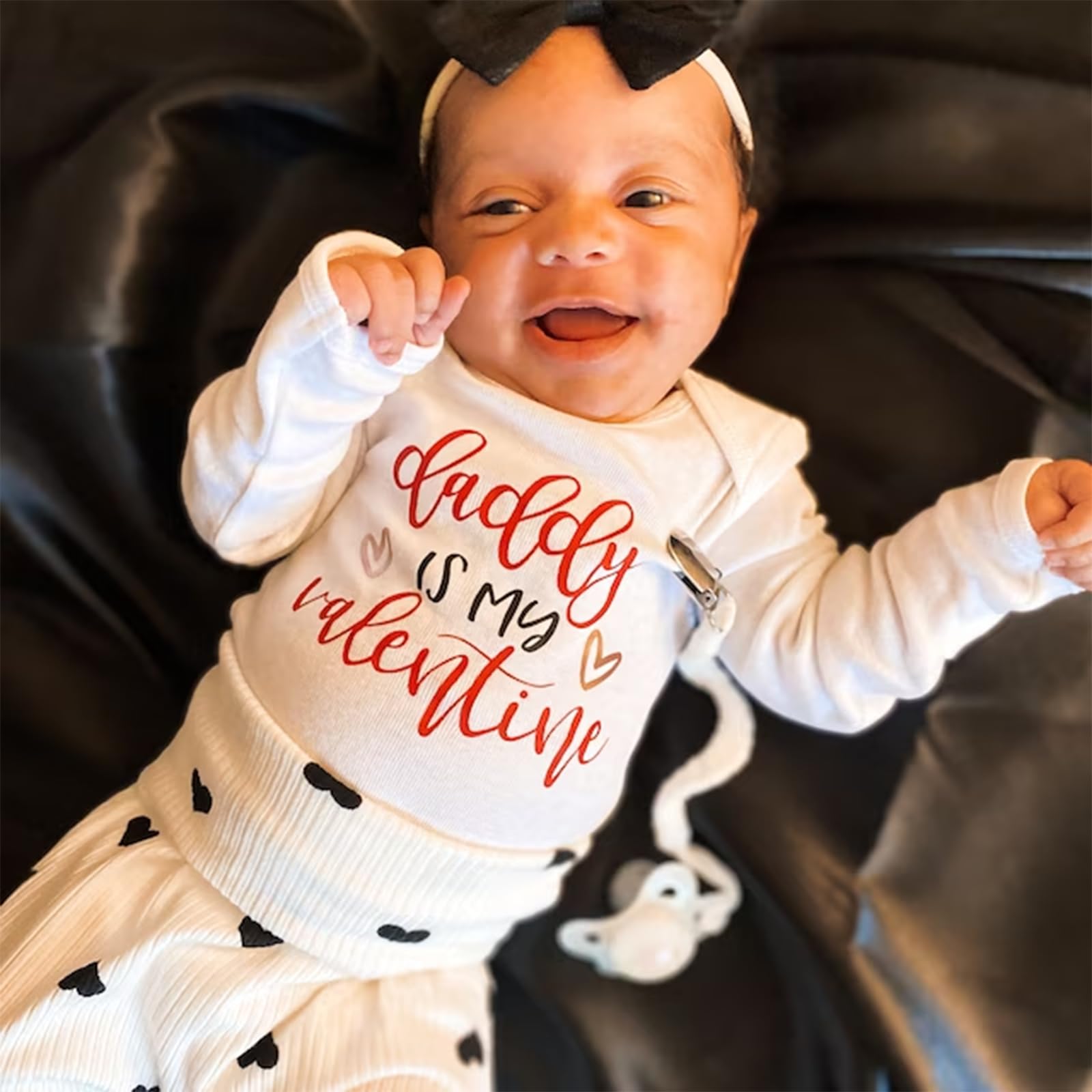 Karuedoo Newborn Infant Baby Girl Valentines Outfit Letter Print Long Sleeve Romper Heart Pants Headband Hat 4Pcs Sets(White, 6-12 Months)