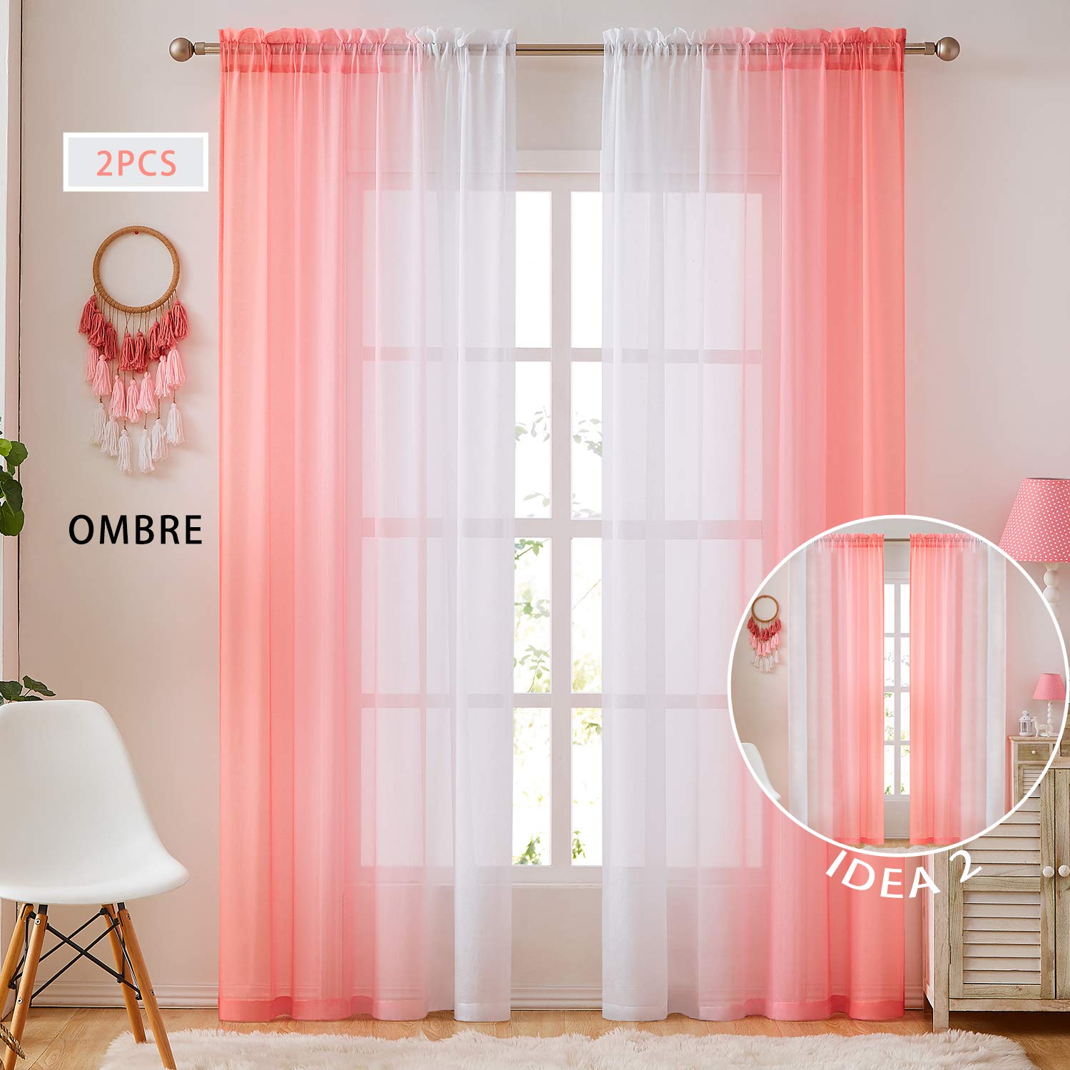 July JoyOmbre Faux Linen Sheer Curtains for Girls Bedroom Rod Pocket, 2 Tone Reversible Gradient Voile Semi Window Curtains,Privacy and Light Filtering, Set of 2 Panels, Blush, 54 x 84 Inch Length