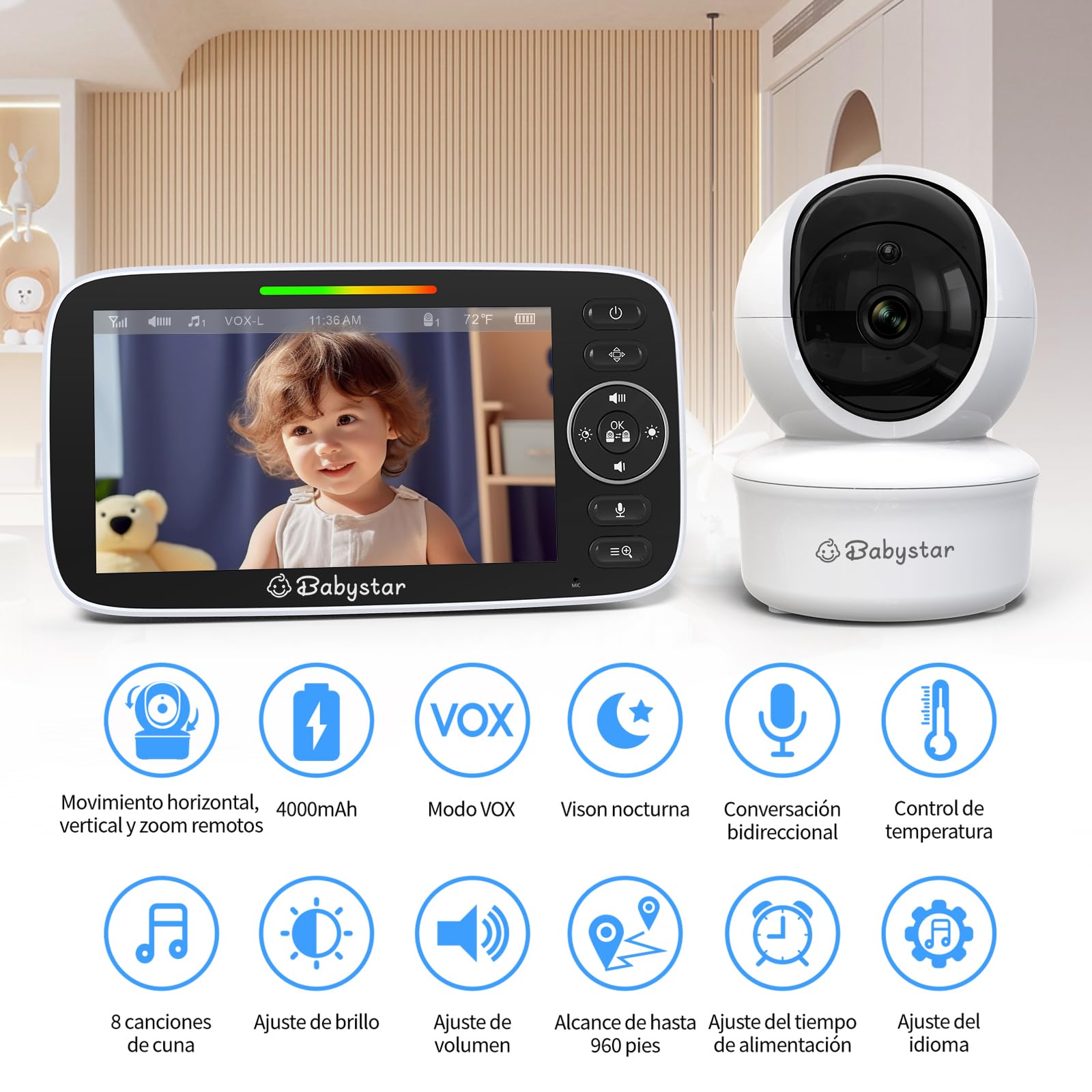 Babystar Vigilabebés con cámara de 5 Pulgadas 720P HD Vigilabebés sin WiFi con cámara y Audio, batería de 4000 mAh, Monitor de bebé, función Vox, Sensor de Temperatura, visión Nocturna