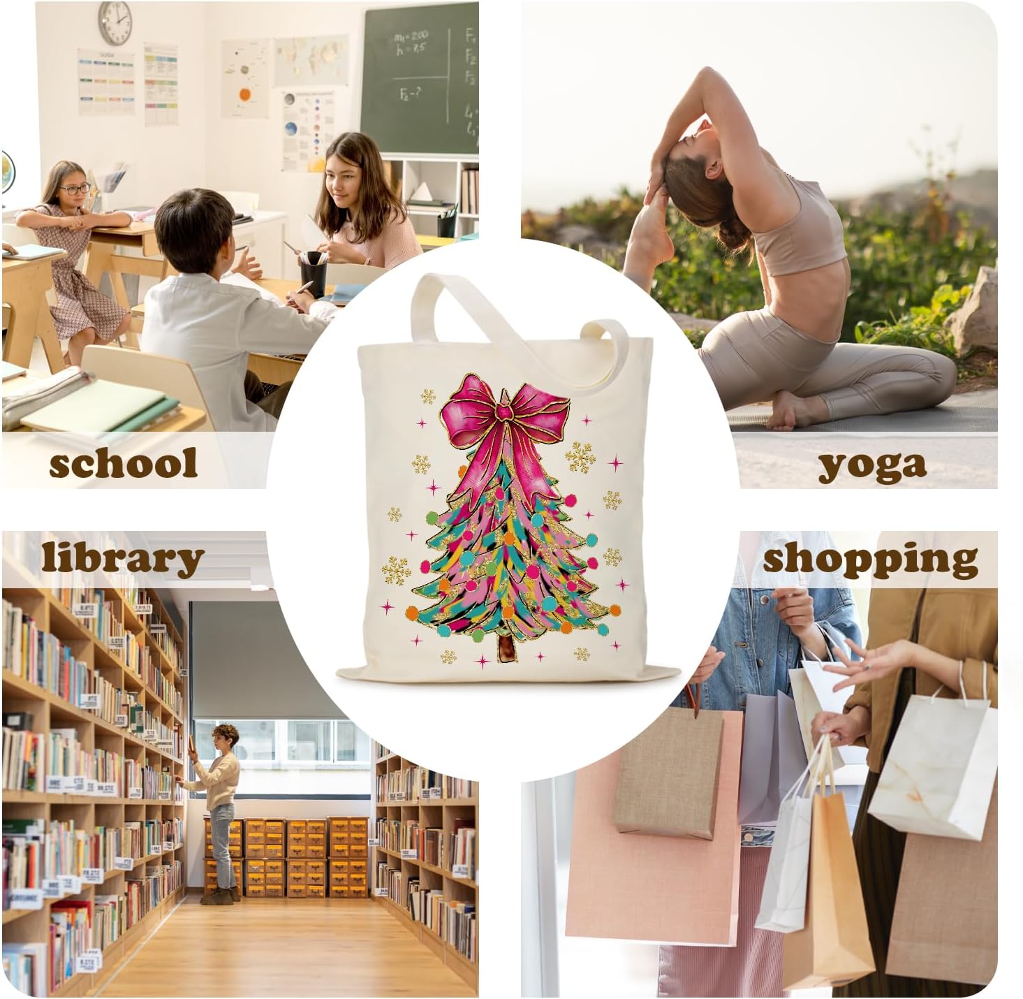 Christmas Tree Canvas Tote Bag Gifts for Woman Friend Daughter, Xmas Gift Bag, Thank You Gifts for Woman, Canvas Shoulder Bag Reusable Grocery Shopping Gym Travel - Image 5