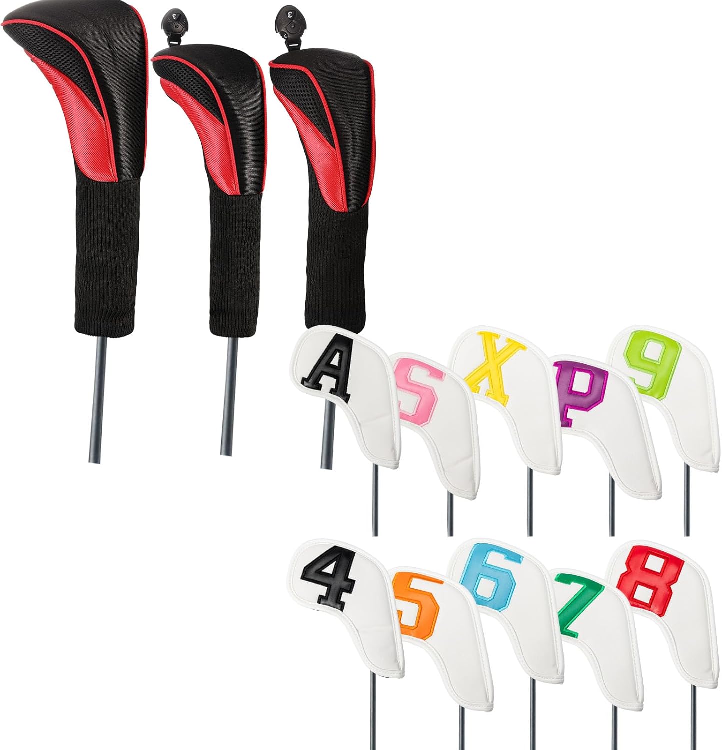 Golf Headcover Combo - Nylon Fairway Wood Headcovers (3/5/7 Wood) + Premium Leather Iron Headcovers (Set of 10) - Waterproof, Custom Fit for Golf Clubs Protection