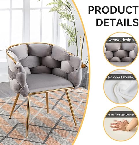 Miniatura 4 de Otnqu Sillas decorativas modernas, sillas de comedor de terciopelo, sillas de sala de estar tejidas con patas de metal dorado para leer, comedor,