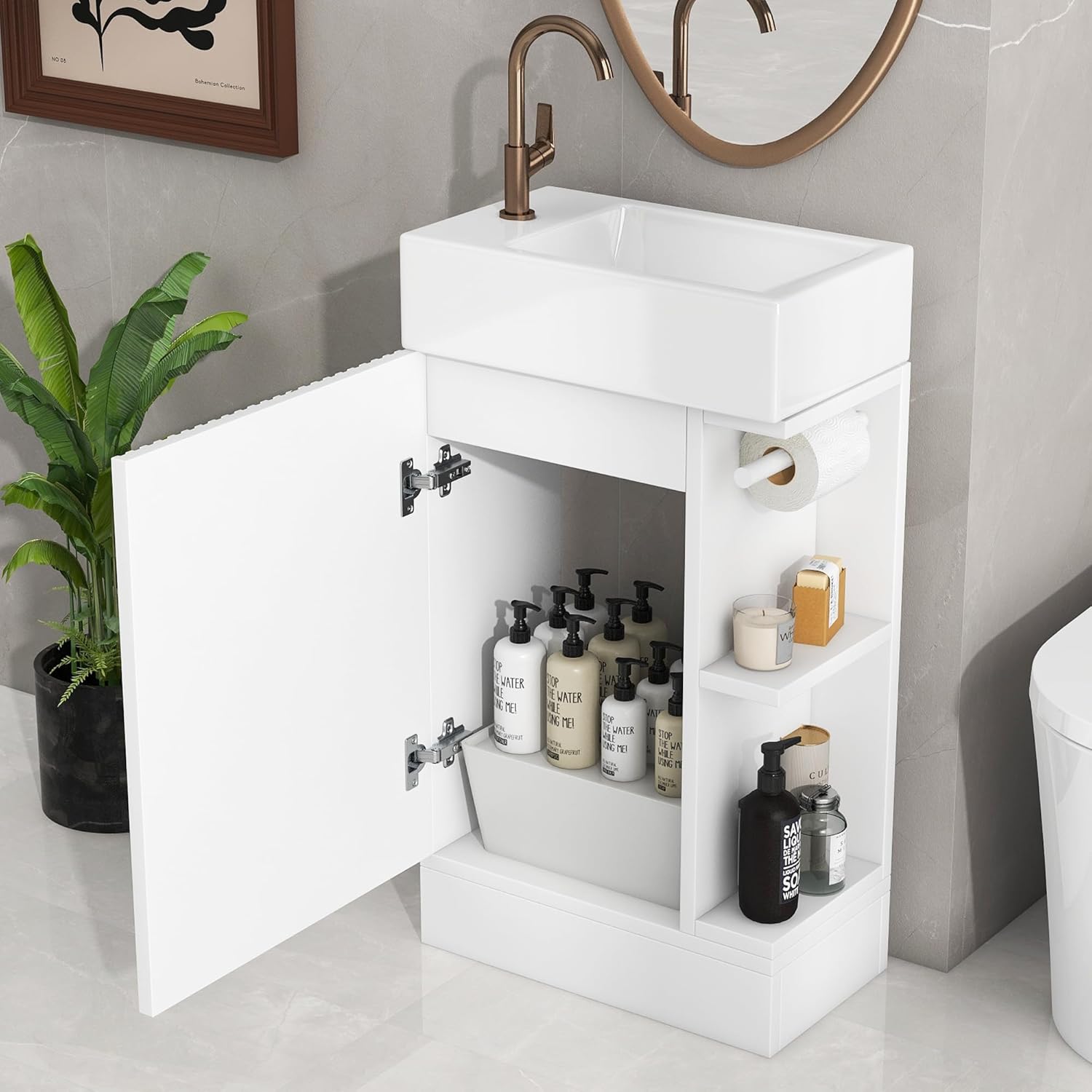 Favfurish 18.6" Bathroom Vanity with Ceramic Sink,Undermount Single Basin Bath Vanity Set w/2-Tier Open Shelf & Toilet Paper Holder,Left/Right Orientation,Freestanding Storage Cabinet,White