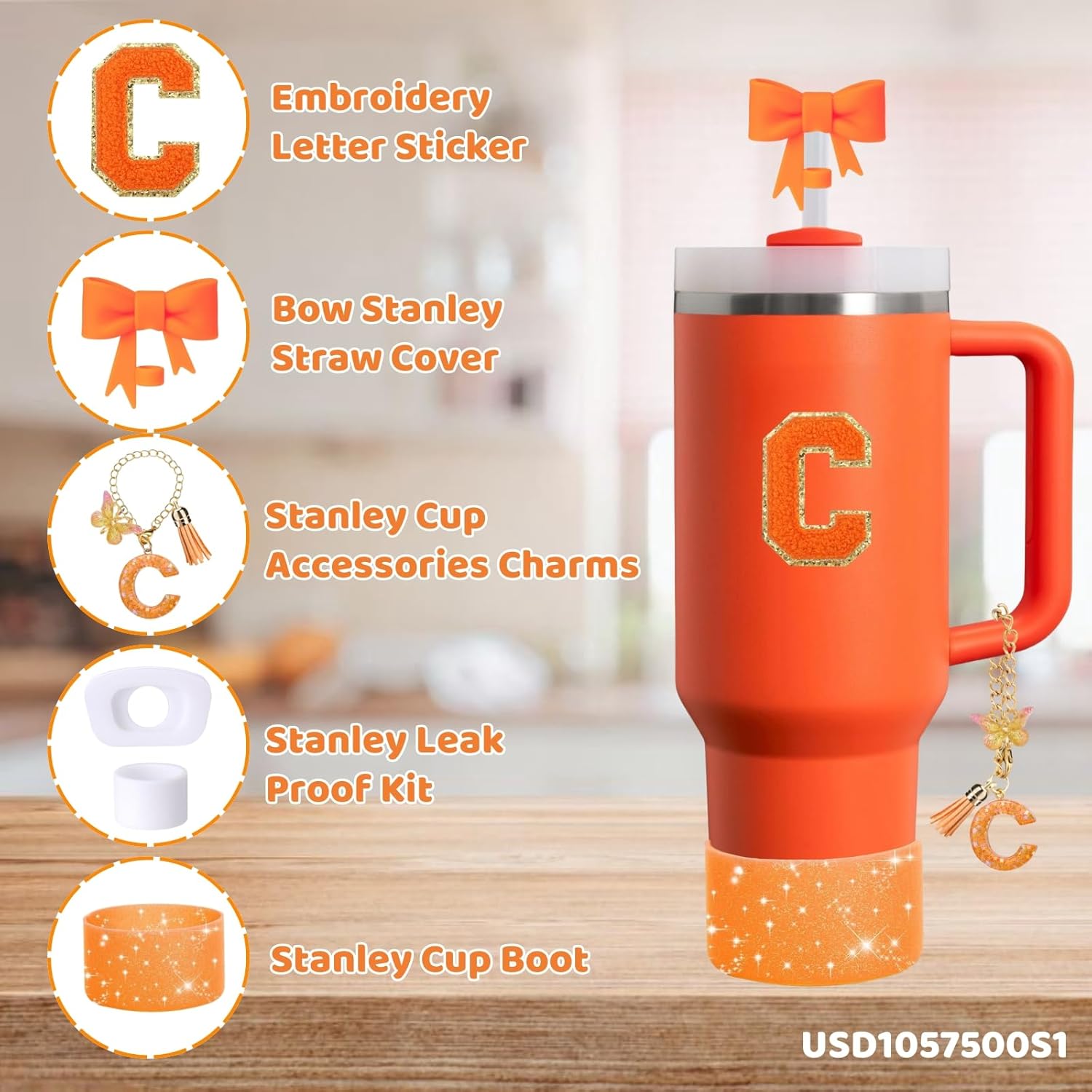 6PCS Orange Stanley Cup Accessories Set Fit for Stanley Cup 30oz 40oz,Including Spill Proof Stopper,Sparkly Silicone Boot,Bow Shape Straw Topper,Personalized Sticker,Handle Charm (Letter C) - Image 2