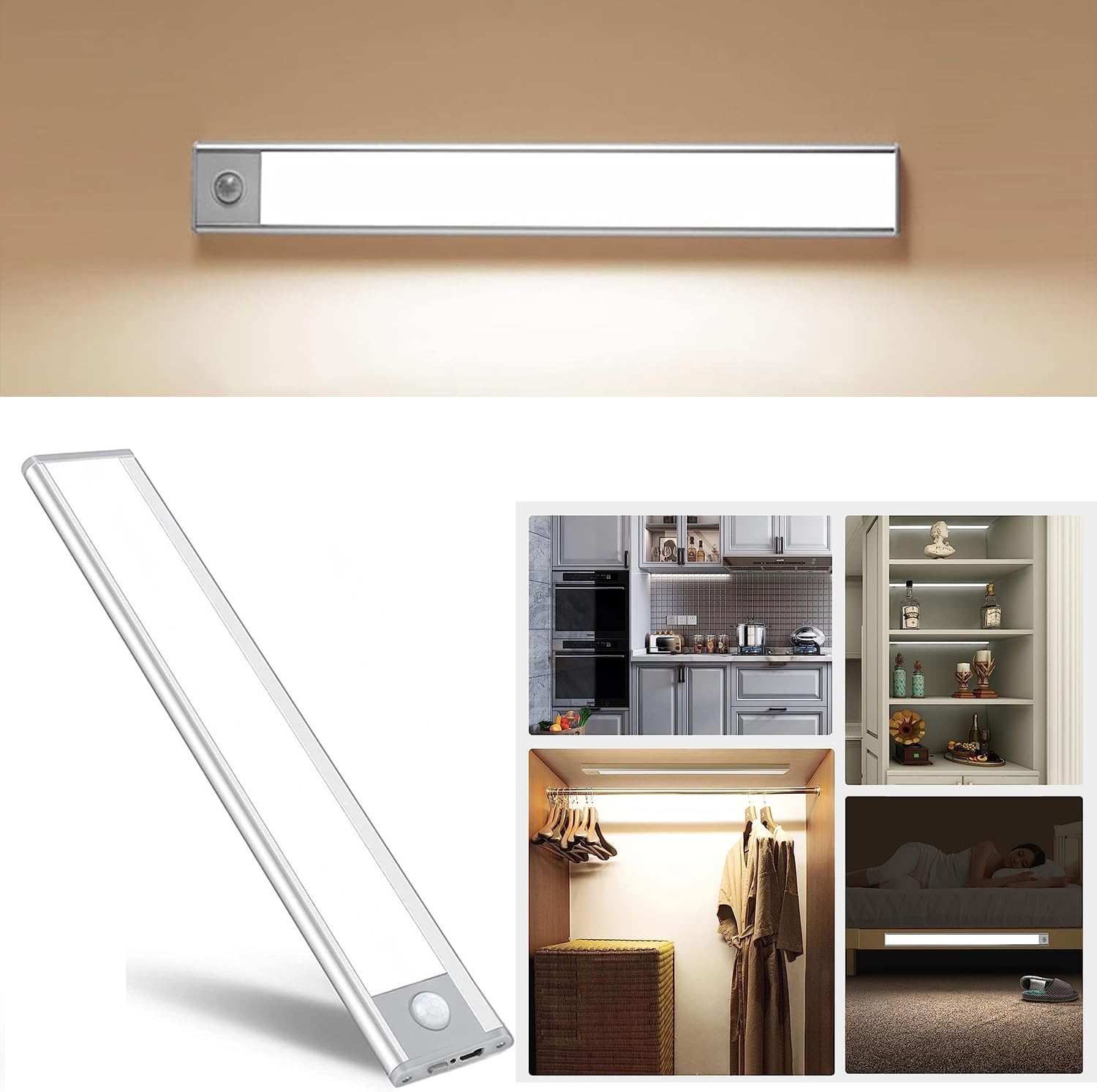 70-LED Motion Sensor Cabinet Light,Under Counter Closet Lighting, Wireless USB Rechargeable Kitchen Night Lights,Battery Powered Light,Uniform Light for Wardrobe