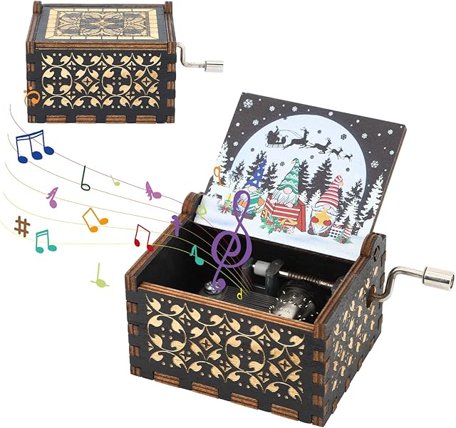 Auniq Christmas Music Box, Christmas Wooden Vintage Laser Engraved Musical Box Unique Cute Black Merry Christmas Wooden Music Box Merry Christmas Musical Box Mini Ornaments Gifts for Friends
