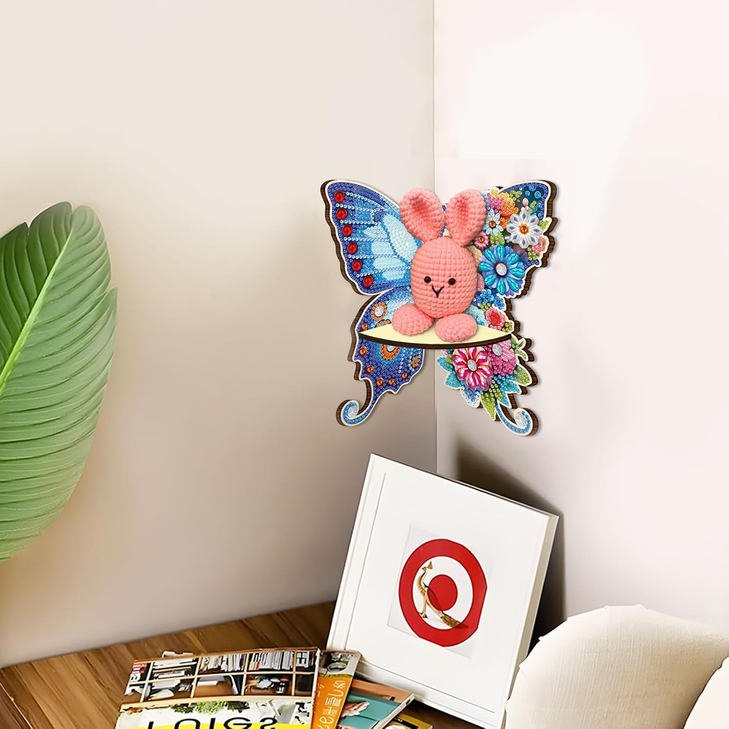 BAYUNOE Corner Shelf Wall Mounted Diamond Art Painting Butterfly Love Wall Shelves for Storage Wood Hanging Shelves Display Bathroom Kitchen Bedroom Living Room (Flower Butterfly01) image 4