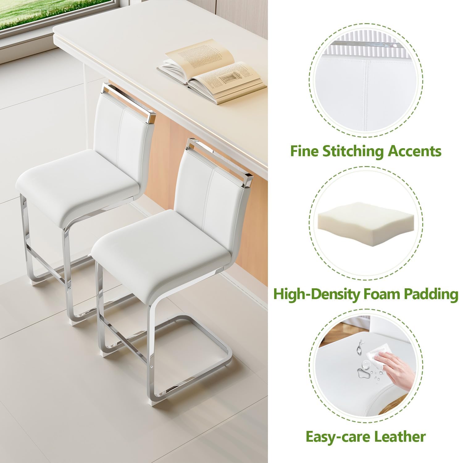 Counter Height Bar Stools Set of 4 - White Bar Stools for Kitchen Island,25'' Counter Stool with Leather Upholstered Seat,Metal Kitchen Island Chairs Ideal for Bar,Pub,Coffee Shop