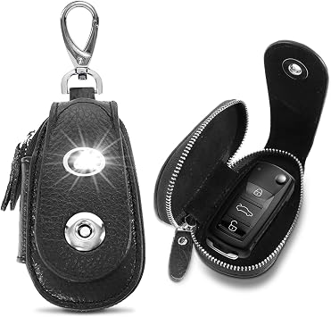 Car Key Cover Genuine Leather Car Key Fob Case for Universal Car Keys, Black Car Key Chain Keychain Holder Metal Hook and Keyring Zipper Bag for Remote Key Fob