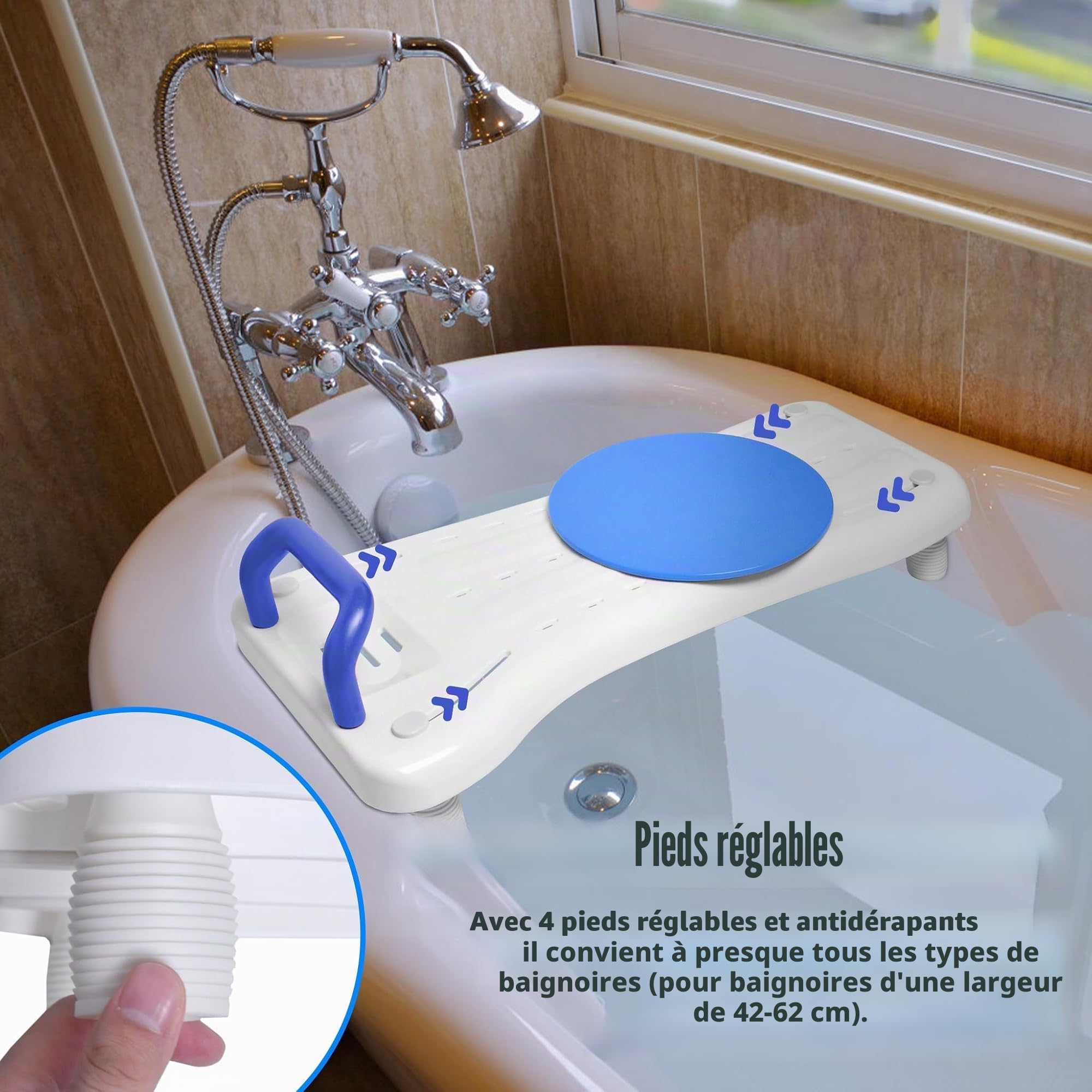 ACXIN Planche de Bain pour Personnes âgées, avec Porte-Savon et poignée, pour Baignoire, 41 à 63 cm, réglable, avec Plaque tournante, Charge maximale : 150 kg (Bleu, 75,5x34x10cm)